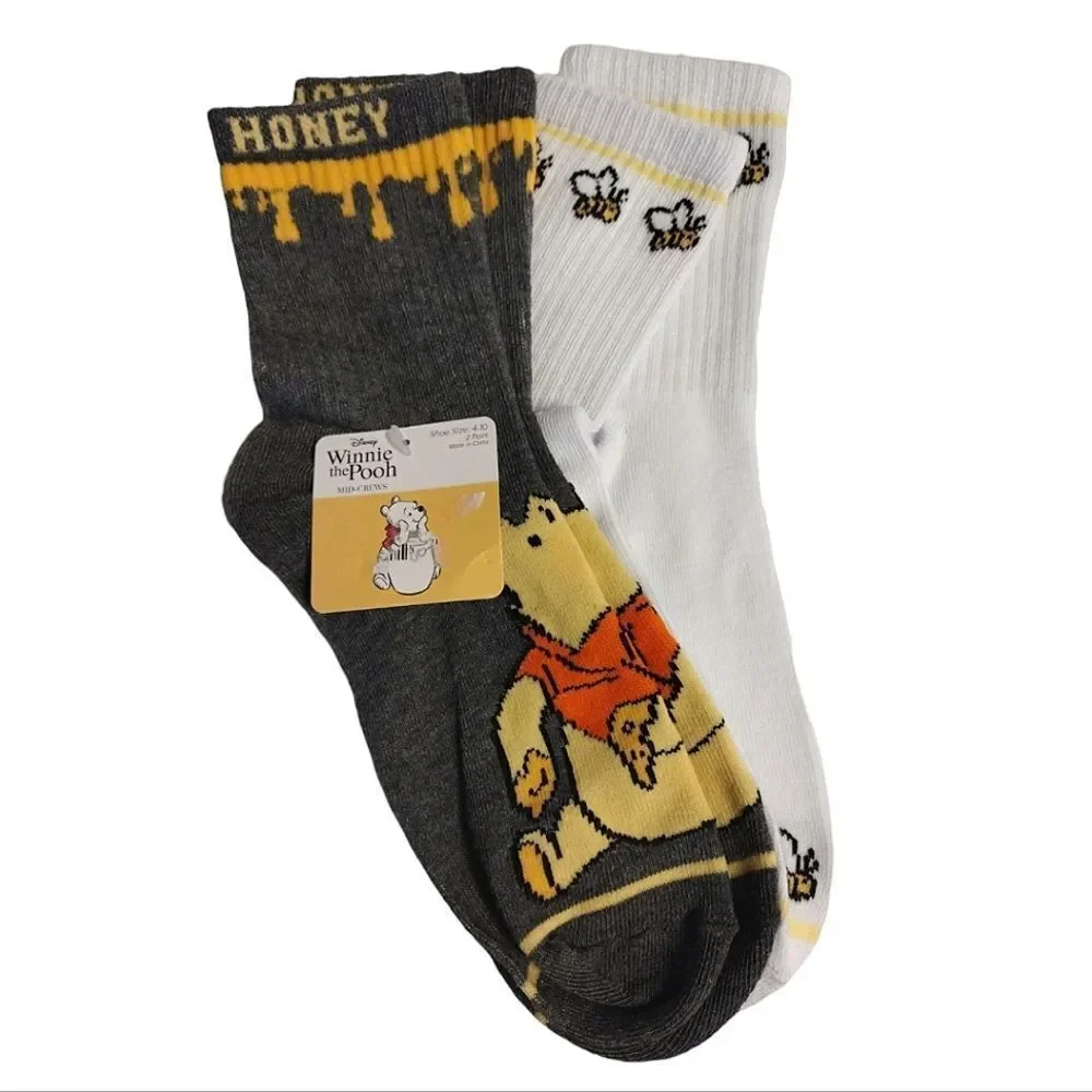 Disney Winnie The Pooh 2 Pack Grey and White Mid‎ Crew Socks NWT